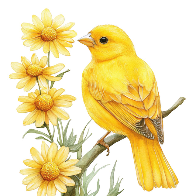 Yellow bird perched on a branch with yellow flowers fabric panel
