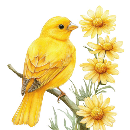 Yellow bird perched on a branch with yellow flowers fabric panel