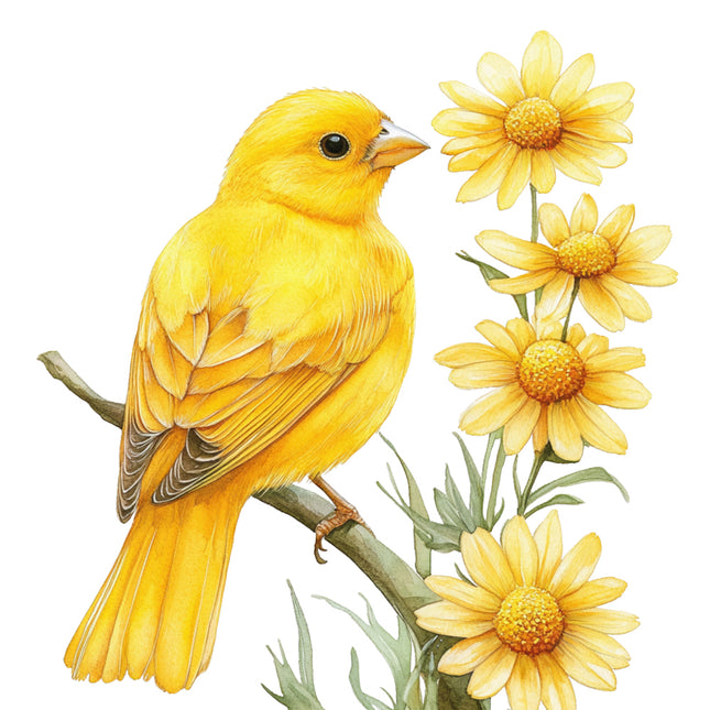Yellow bird perched on a branch with yellow flowers fabric panel