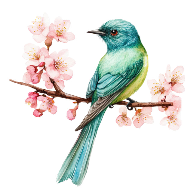 Blue-green bird perched on a branch with pink flowers fabric panel