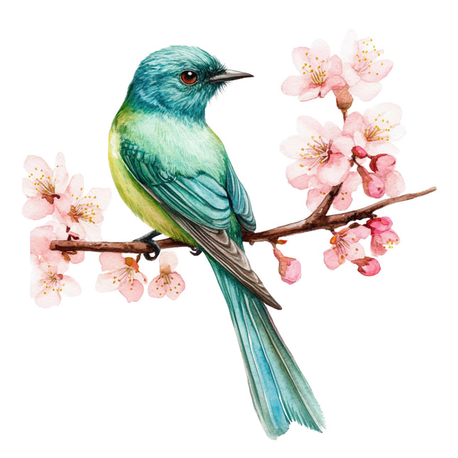 Colorful bird perched on a branch with pink flowers fabric panel