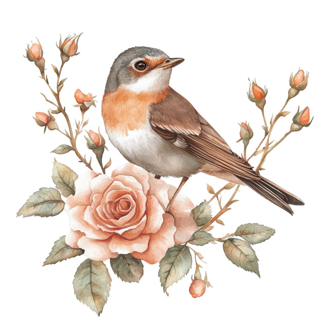 Bird perched on a pink rose with floral branches fabric panel