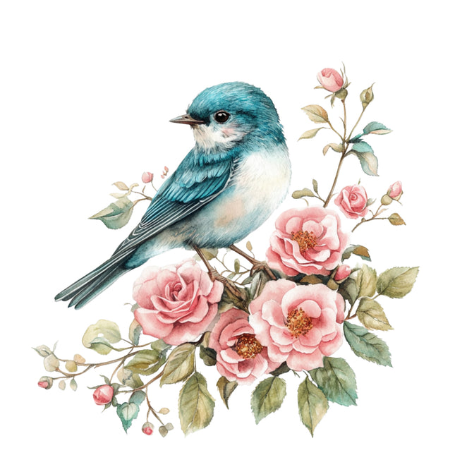 Blue bird perched on pink flowers with green leaves fabric panel