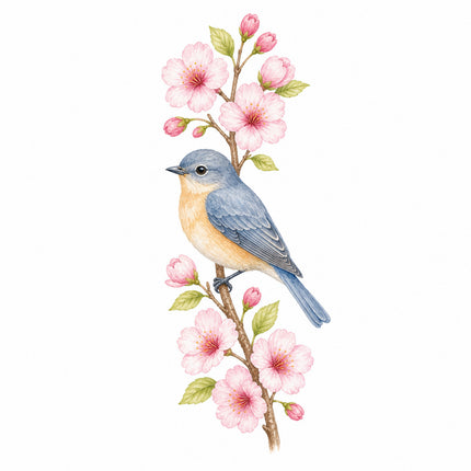 bluebird perched on cherry blossoms branch fabric panel