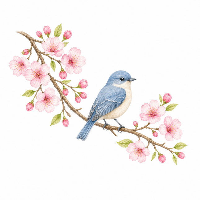 wild bird perched on cherry blossoms branch fabric panel