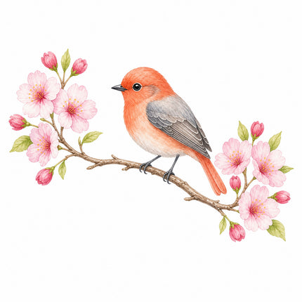 wild bird perched on cherry blossoms branch quilt block