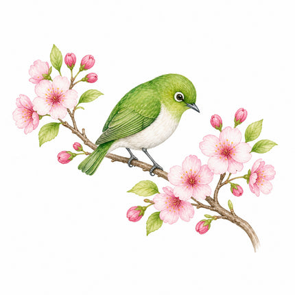 wild bird perched on cherry blossoms branch fabric panel