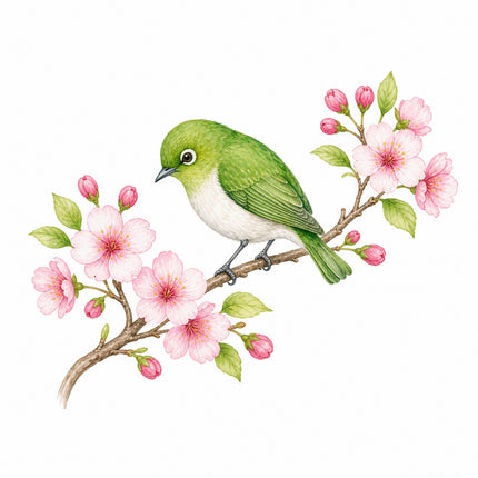 Bird & Cherry Blossoms 100% Cotton Fabric Panel Block FLIP-AN1403