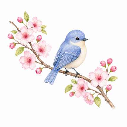 wild bird perched on cherry blossoms branch fabric panel