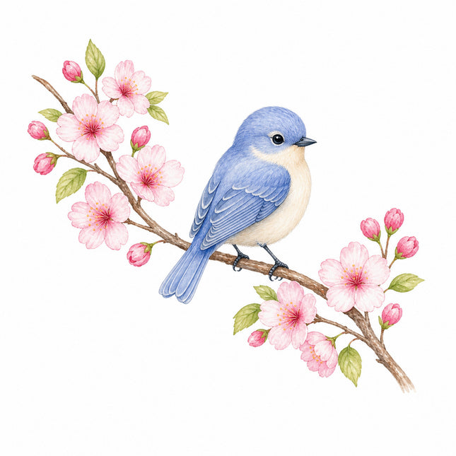 wild bird perched on cherry blossoms branch fabric panel