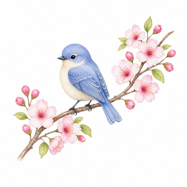 Bluebird & Cherry Blossoms 100% Cotton Fabric Panel Block FLIP-AN1404