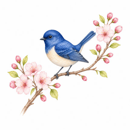 wild bird perched on cherry blossoms branch quilt block