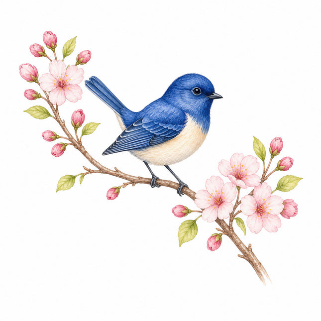 Bluebird & Cherry Blossoms 100% Cotton Fabric Panel Block FLIP-AN1405
