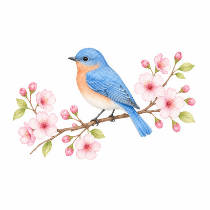 bluebird perched on cherry blossoms branch quilt block