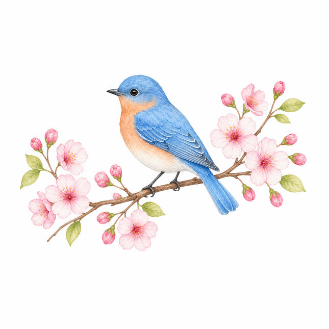 bluebird perched on cherry blossoms branch quilt block