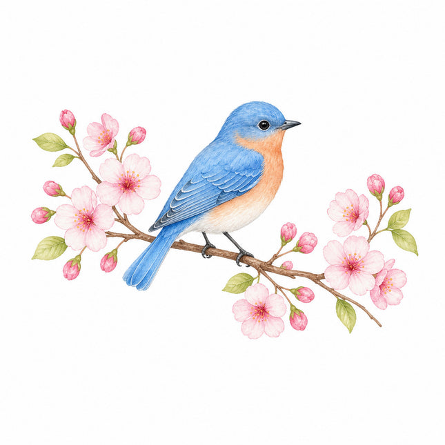 Bluebird & Cherry Blossoms 100% Cotton Fabric Panel Block FLIP-AN1406