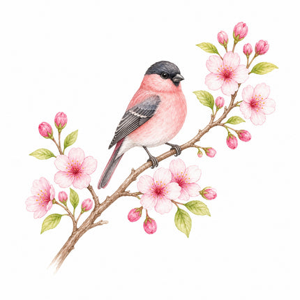 wild bird perched on cherry blossoms branch quilt square
