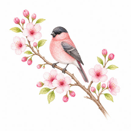 Bird & Cherry Blossoms 100% Cotton Fabric Panel Block FLIP-AN1407
