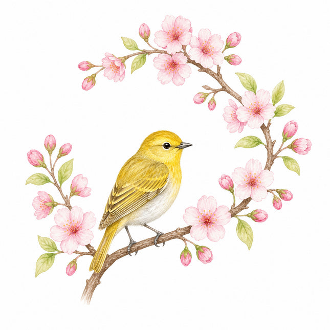 yellow bird perched on cherry blossoms branch quilt block