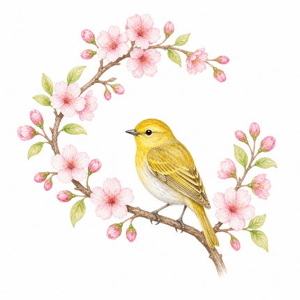 Yellow Bird & Cherry Blossoms 100% Cotton Fabric Panel Block FLIP-AN1408