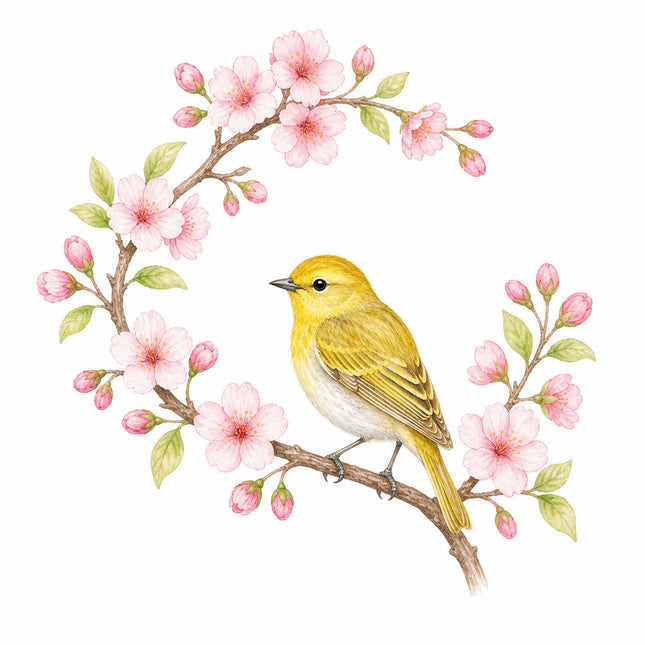 Yellow Bird & Cherry Blossoms 100% Cotton Fabric Panel Block FLIP-AN1408