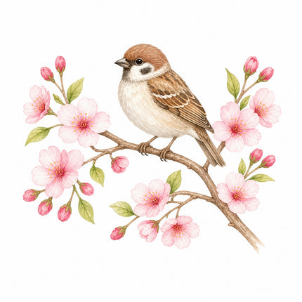 sparrow perched on cherry blossoms branch quilt block