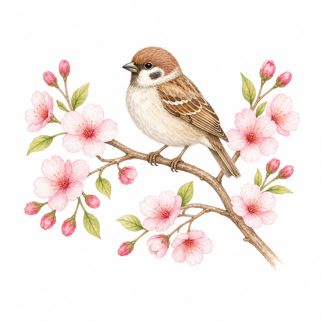 sparrow perched on cherry blossoms branch quilt block