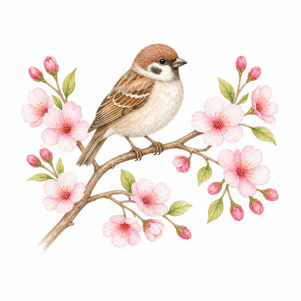 Sparrow Bird & Cherry Blossoms 100% Cotton Fabric Panel Block FLIP-AN1409
