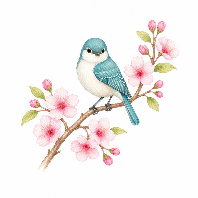 wild bird perched on cherry blossoms branch quilt block