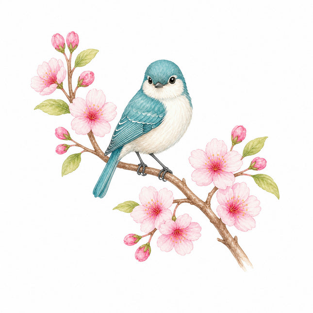 Bird & Cherry Blossoms 100% Cotton Fabric Panel Block FLIP-AN1410
