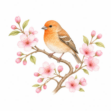 wild bird perched on cherry blossoms branch quilt square