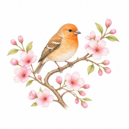 Bird & Cherry Blossoms 100% Cotton Fabric Panel Block FLIP-AN1411