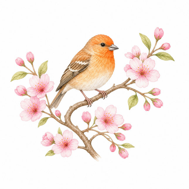 Bird & Cherry Blossoms 100% Cotton Fabric Panel Block FLIP-AN1411