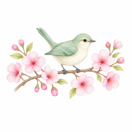 wild bird perched on cherry blossoms branch quilt square