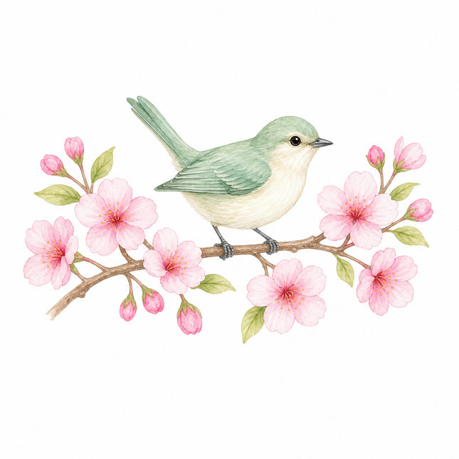 wild bird perched on cherry blossoms branch quilt square