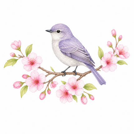 wild bird perched on cherry blossoms branch quilt block