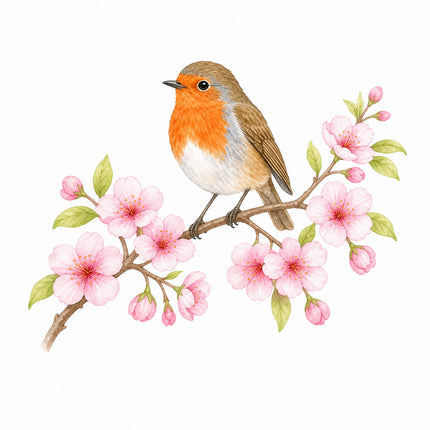 robin perched on cherry blossoms branch quilt block