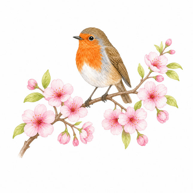 robin perched on cherry blossoms branch quilt block