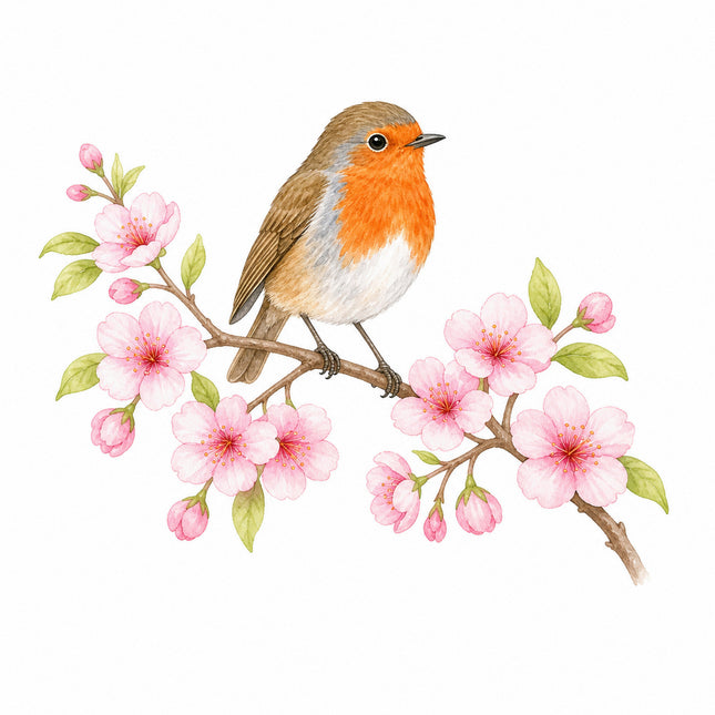 Robin Bird & Cherry Blossoms 100% Cotton Fabric Panel Block FLIP-AN1414