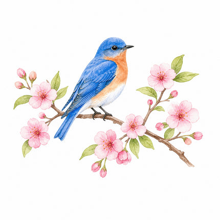 bluebird perched on cherry blossoms branch quilt block