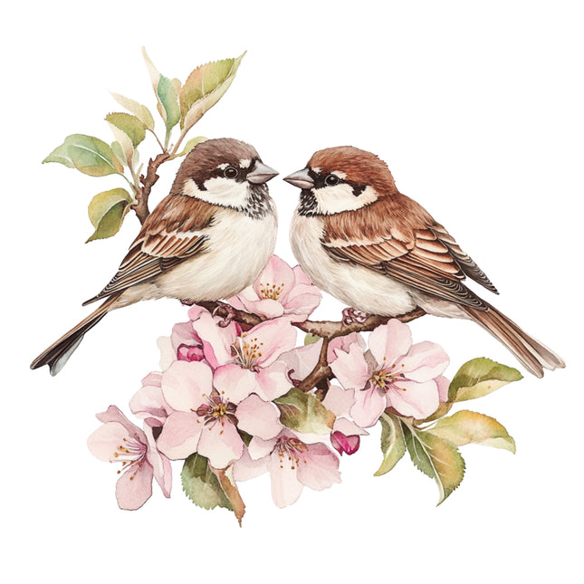 Two birds perched on a branch with pink flowers fabric panel