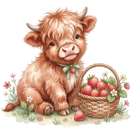 strawberry highland cow fabric panel