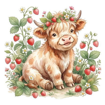 strawberry highland cow fabric panel