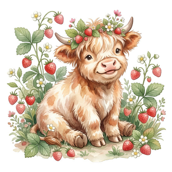 strawberry highland cow fabric panel