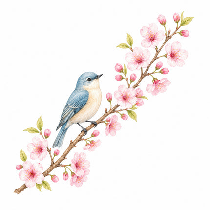 wild bird perched on cherry blossoms branch quilt block