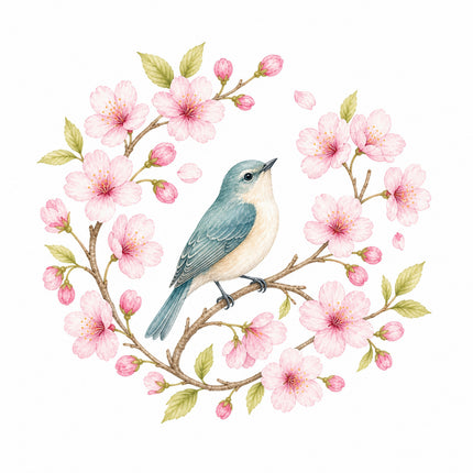 wild bird perched on cherry blossoms branch quilt block