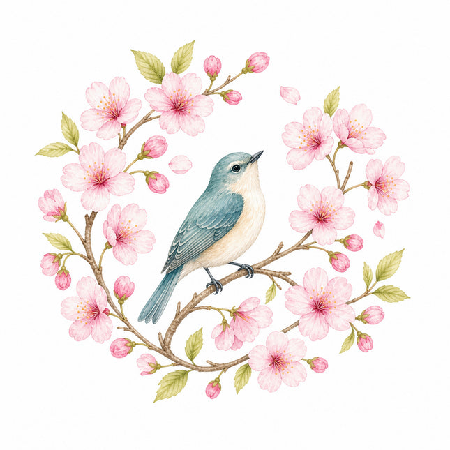 wild bird perched on cherry blossoms branch quilt block