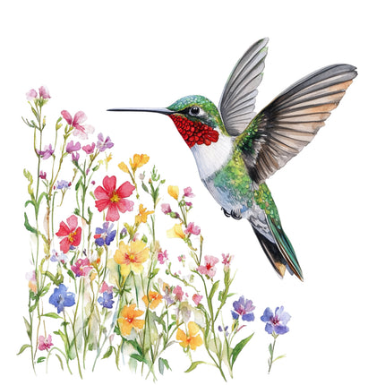 Hummingbird perched among colorful flowers fabric panel