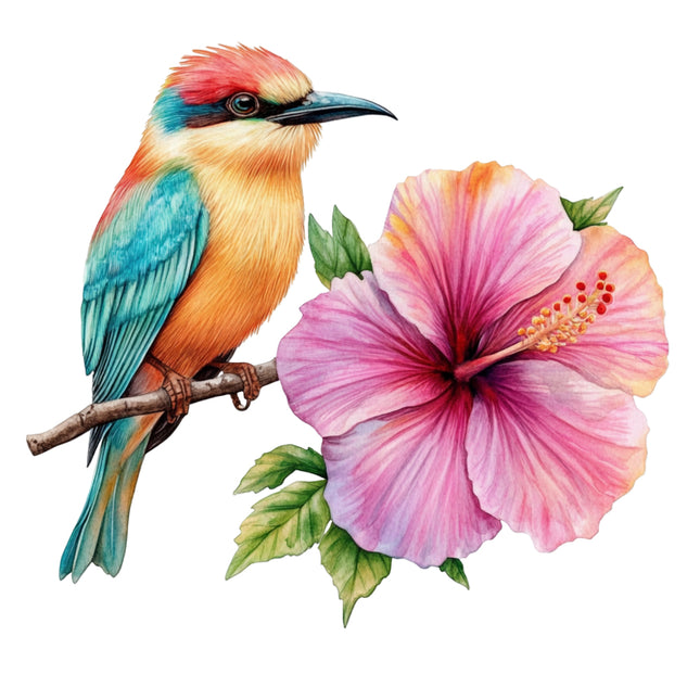 Colorful bird perched on a branch next to a pink flower fabric panel