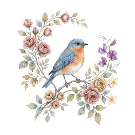 bluebird bird perched on a branch with flowers and leaves quilt square